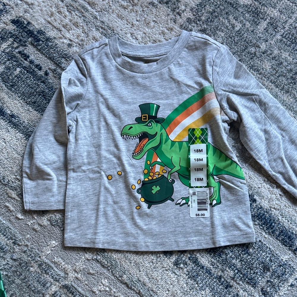 Kids' Grey Long-Sleeve T-Shirt with Green St. Patrick's Dino Print